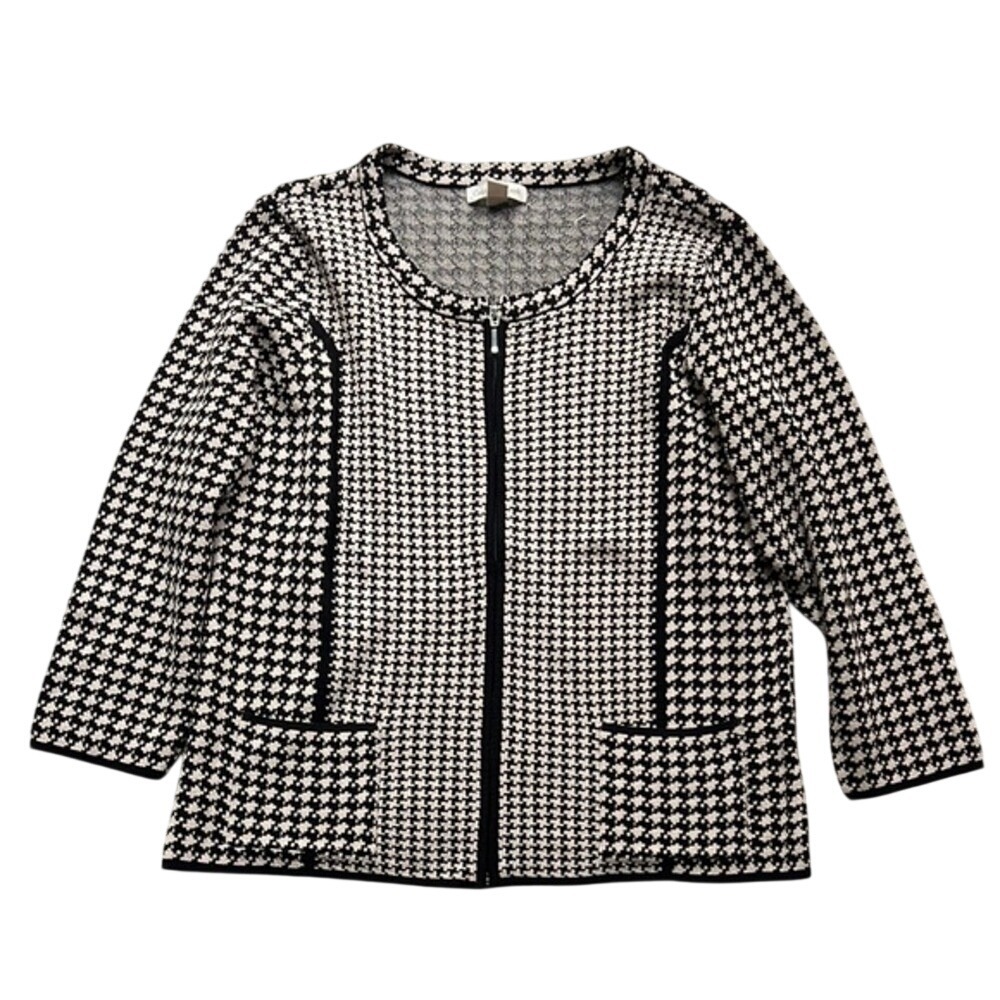 Coldwater Creek Black Cream Houndstooth Zip Front Knit Jacket Pockets Size 16